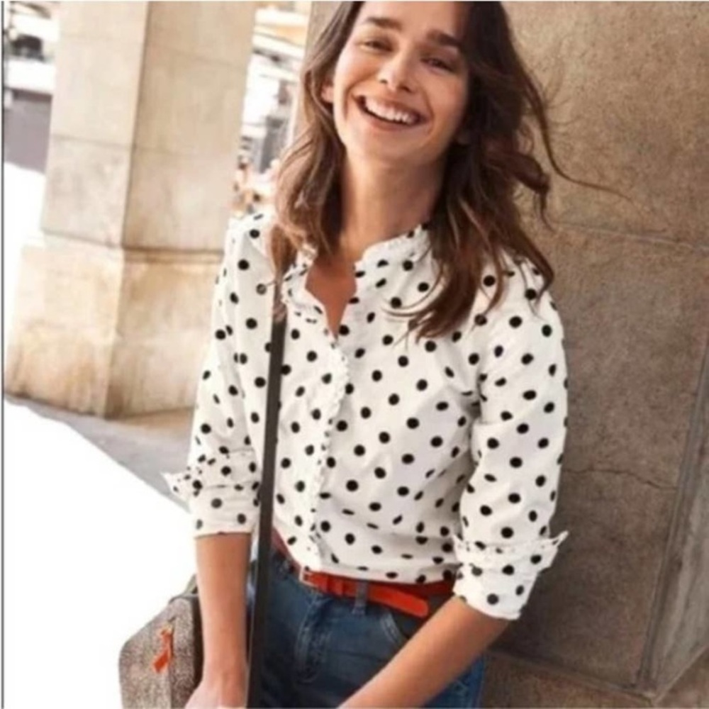 Boden Virginie White/Black Polka Dot Ruffled Button Down Blouse - US Size 14